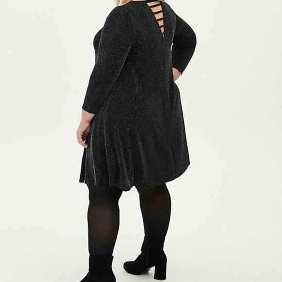 Torrid Size 1X 14-16 Black Shimmer Ladder Neck Trapeze Mini Dress With Pockets - Picture 3 of 5